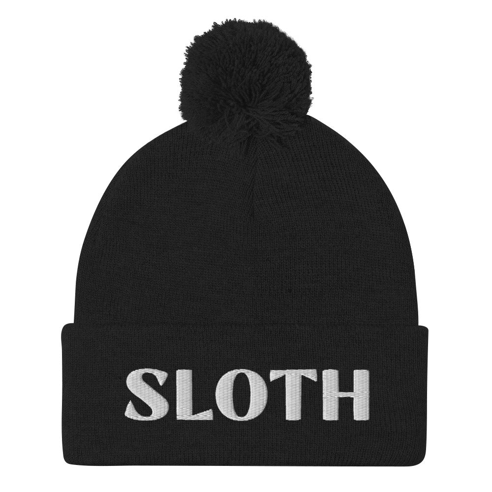 Black - What's your spirit animal? This sloth beanie is a perfect warm and cozy hat for cold weather. The sloth spirit animal beanie has a white sloth embroidery that's a perfect unique gift for sloth lovers & animal lovers. Shop funny spirit animal beanies, foodie clothing, vegan graphic t-shirts, garlic hats and more. 