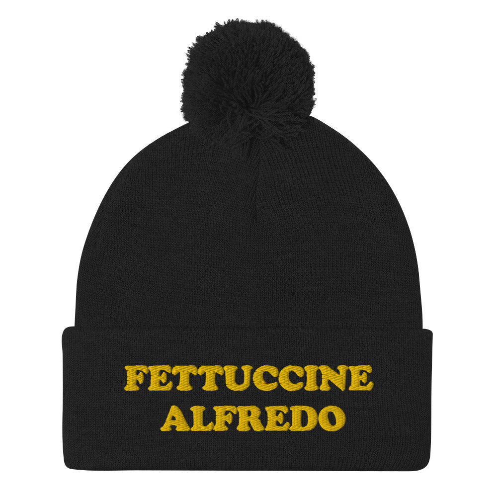 Black Fettuccine Alfredo Beanie from Nina's Funky Shop by ninanush - Do you love Fettuccine Alfredo? Looking for a funny foodie gift? This warm and cozy, embroidered pom pom beanie is just what you need.  Show off in our classic beanie with "Fettuccine Alfredo" on the front. It's the perfect funny beanie for pasta lovers, fettuccine Alfredo enthusiasts and foodies of all kinds.