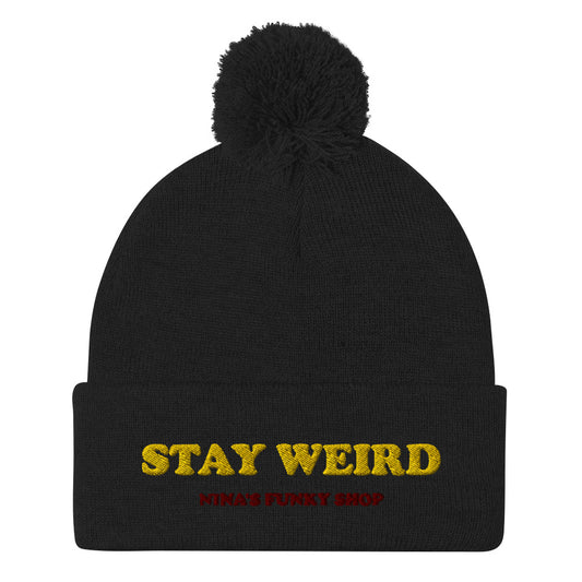 This "STAY WEIRD" beanie by Nina's Funky Shop is a classic beanie with a pom pom on top and a unique embroidery. Our weird hats and funky beanies are only available at Nina's Funky Shop by ninanush. Stay weird, stay funky, stay wild and celebrate your individuality in our original designs. 