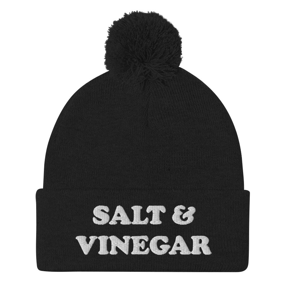 Black and white salt and vinegar beanie. Everyone knows salt & vinegar chips are the superior chips. Stay funky in this salt and vinegar beanie. It's a funny beanie for foodies and salt and vinegar enthusiasts. Celebrate your favorite flavor chips and wear this funny food hat or give it as a weird gift. This salt and vinegar beanie hat is exactly what you need.