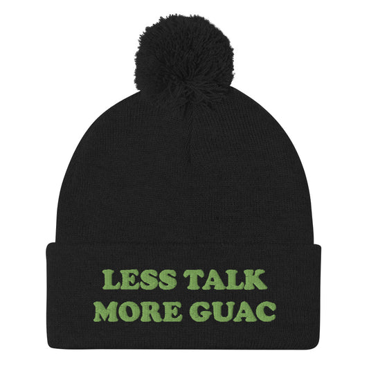 Black guacamole beanie with green emboidery. Less talk more guac! Make your priorities clear in this unique guacamole beanie hat. It's a classic pom pom beanie with a funky foodie yellow embroidery. This funny food quote hat is a perfect foodie beanie or unique gift for guacamole lovers. Now you can wear a funky guacamole quote hat and eat guacamole in style. 