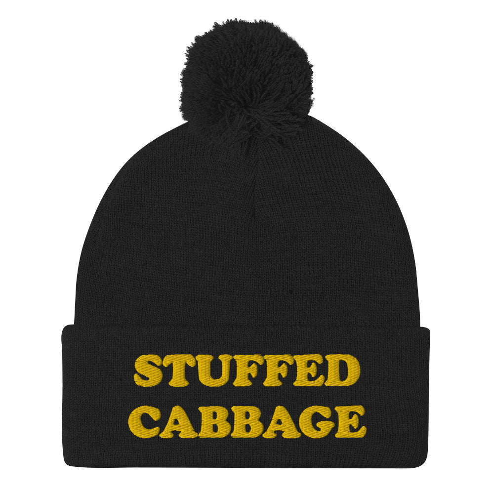 Black stuffed cabbage foodie beanie - This stuffed cabbage beanie is funny, comfortable and just a little weird. This unique foodie beanie is a classic beanie with a pom pom on top and a funny yellow embroidery. It's exactly what every funky hat lover, foodie and stuffed cabbage enthusiast needs. Eat stuffed cabbage in a funny and weird food beanie.