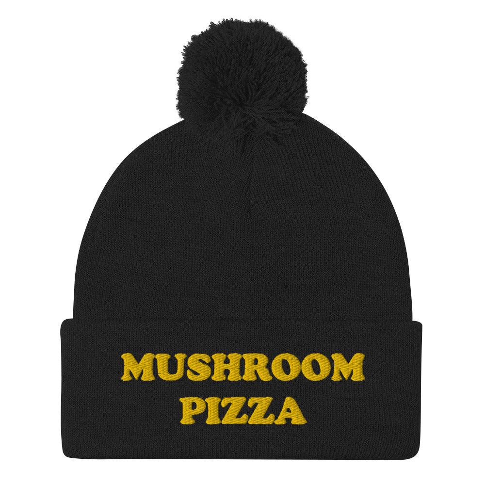 Mushroom pizza beanie - Black pompom beanie - What do you put on your pizza? This mushroom pizza beanie is a perfect warm & cozy hat for cold weather. It's a classic beanie with a pom pom on top and a unique foodie embroidery. The mushroom pizza hat is a weird gift for foodies and a funny food hat for mushroom pizza lovers. Stay funky and show your love for pizza.