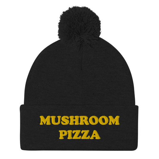 Mushroom pizza beanie - Black pompom beanie - What do you put on your pizza? This mushroom pizza beanie is a perfect warm & cozy hat for cold weather. It's a classic beanie with a pom pom on top and a unique foodie embroidery. The mushroom pizza hat is a weird gift for foodies and a funny food hat for mushroom pizza lovers. Stay funky and show your love for pizza.