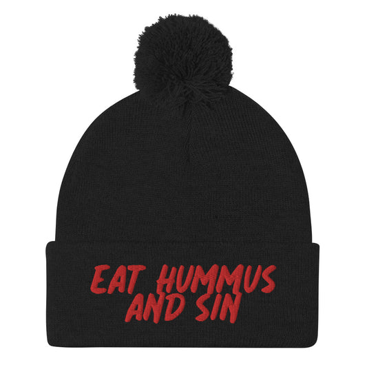 Black eat hummus and sin beanie hat with red embroidery. - Eat hummus and sin beanie. This unique hummus lover beanie is a funny gift for foodies and a weird hat for hummus connoisseurs. If you are an everyday naughty hummus enthusiasts, it might be just for you. Eat hummus, stay weird and celebrate your favorite foods and drinks in our funny foodie clothing and accessories. 