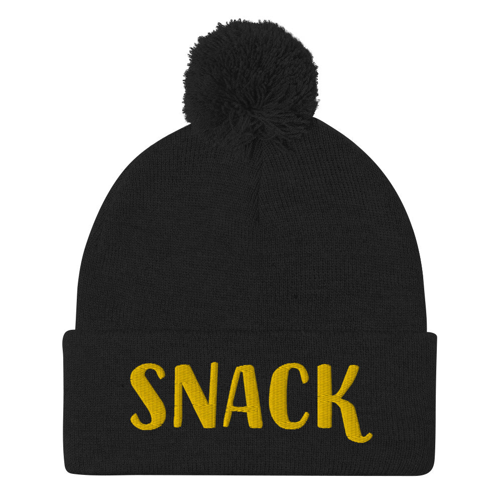 Black snack beanie with yellow embroidery for snack lovers - Eat your favorite snacks in a funny hat for snack lovers. Love snacks? Are a snack? Know any snacks? This cozy snack beanie is just for you. It's a black foodie beanie with classic pom pom on top. A funny gift for foodies and snacks. Stay weird, eat snacks, and look good in our funky foodie clothing and accessories. 