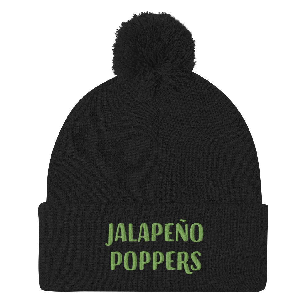 Black jalapeno poppers beanie for foodies - Funky foodie Jalapeño poppers hat. Stay warm in style with this jalapeño popper lover beanie. It's a cozy and funny beanie for foodies with a classic pom pom on top. If you love jalapeño poppers, this embroidered hat was made just for you. It's a unisex beanie, offered in multiple colors with a unique embroidery.