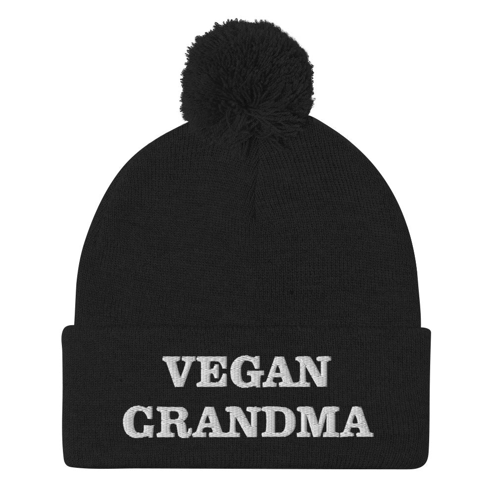 Funny black vegan grandma beanie hat - This Vegan Grandma Beanie is exactly what every vegan foodies needs. Wear it on everyday plant based adventures, as funny vegan street wear and or while eating your favorite vegan snacks cozy at home. Show off your plant-based pride with this Vegan Grandma Beanie or give it as a funny gift to your favorite veteran vegan.