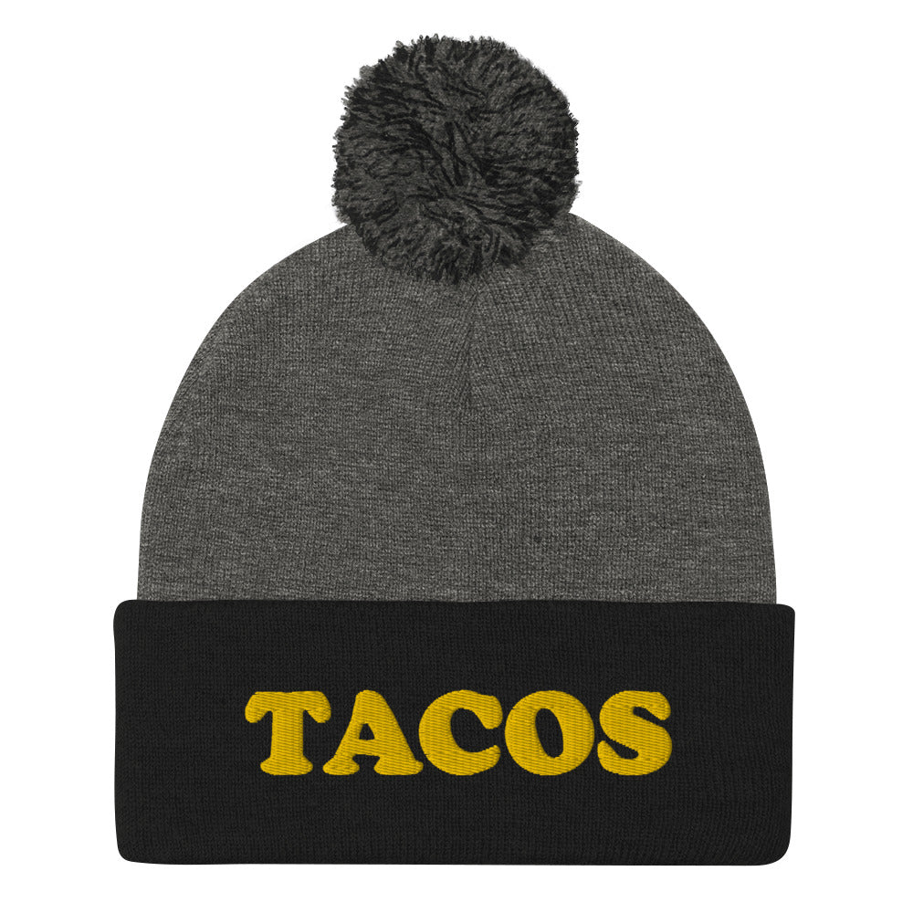 Funky taco beanie. This weird beanie is a perfect unique and quirky winter hat for foodies. It's a classic beanie with a unique food lover embroidery. This black beanie with yellow embroidery is funny, weird and perfect for people who love tacos. Shop funny foodie beanies, weird hats, funky animal tees and more.