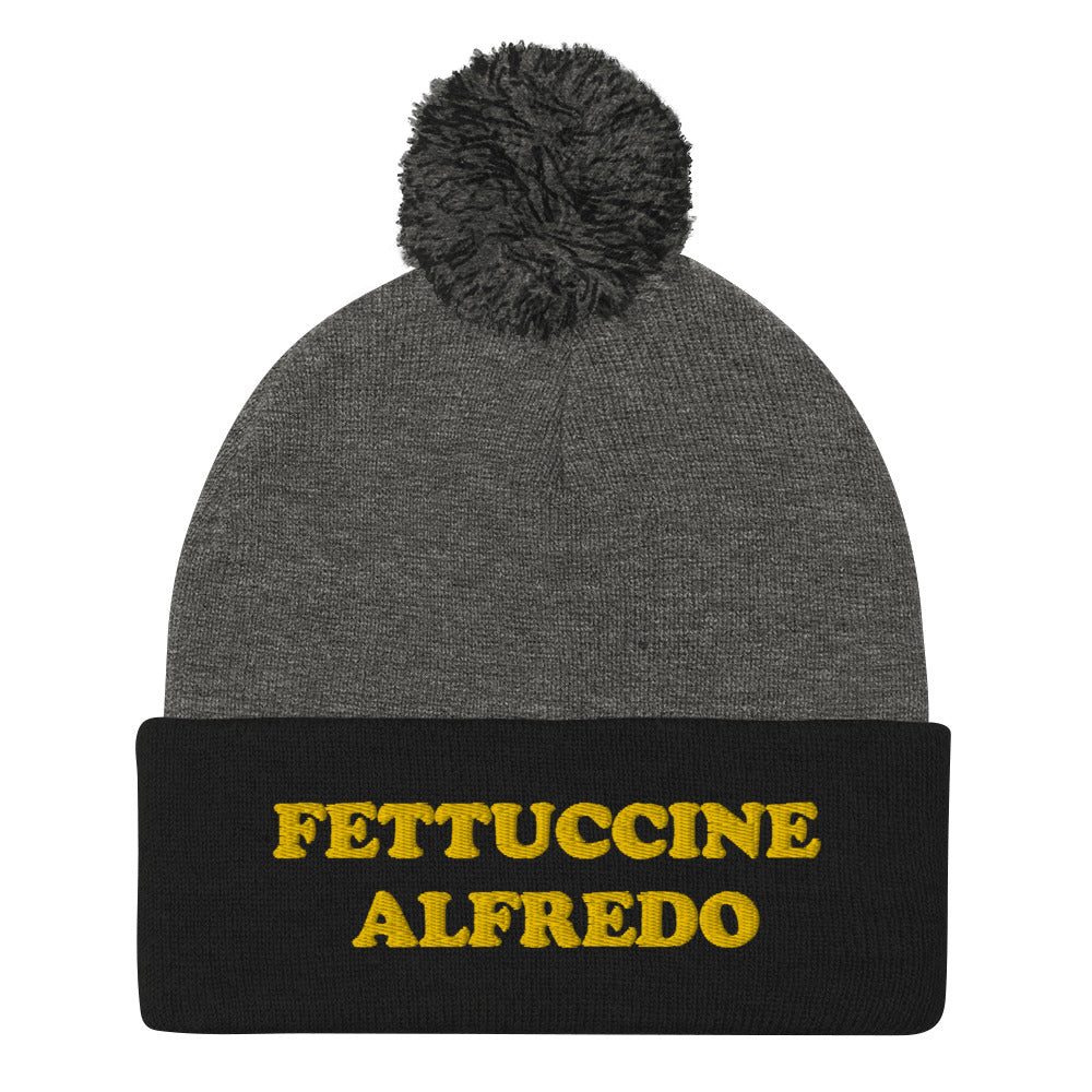 Black and Gray ettuccine Alfredo Beanie from Nina's Funky Shop by ninanush - Do you love Fettuccine Alfredo? Looking for a funny foodie gift? This warm and cozy, embroidered pom pom beanie is just what you need. Show off in our classic beanie with "Fettuccine Alfredo" on the front. It's the perfect funny beanie for pasta lovers, fettuccine Alfredo enthusiasts and foodies of all kinds.