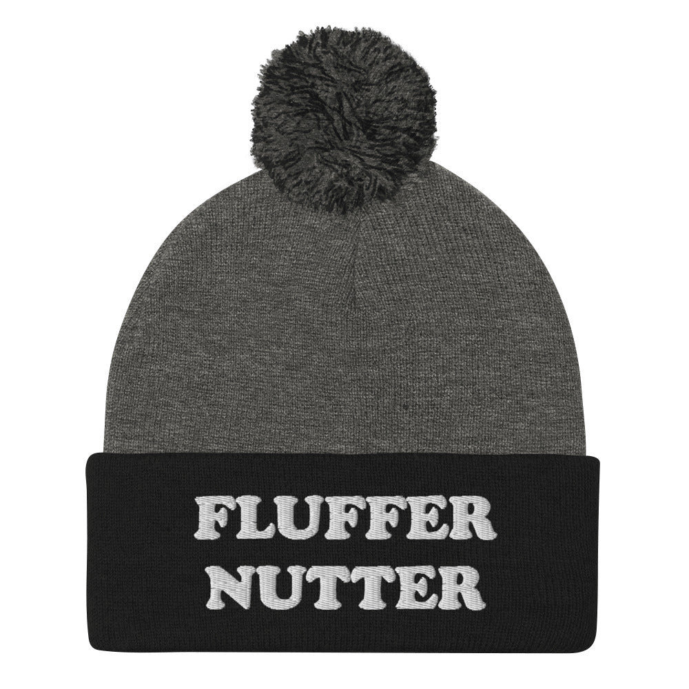 Black and Gray fluffernutter beanie - Love fluffernutters? Looking for a funny gift for a New Englander? Our Fluffernutter Beanie is comfortable, warm and expertly embroidered just for you! It's a classic pom pom beanie, perfect for everyday streetwear for fluffernutter lovers and foodies of all kinds.