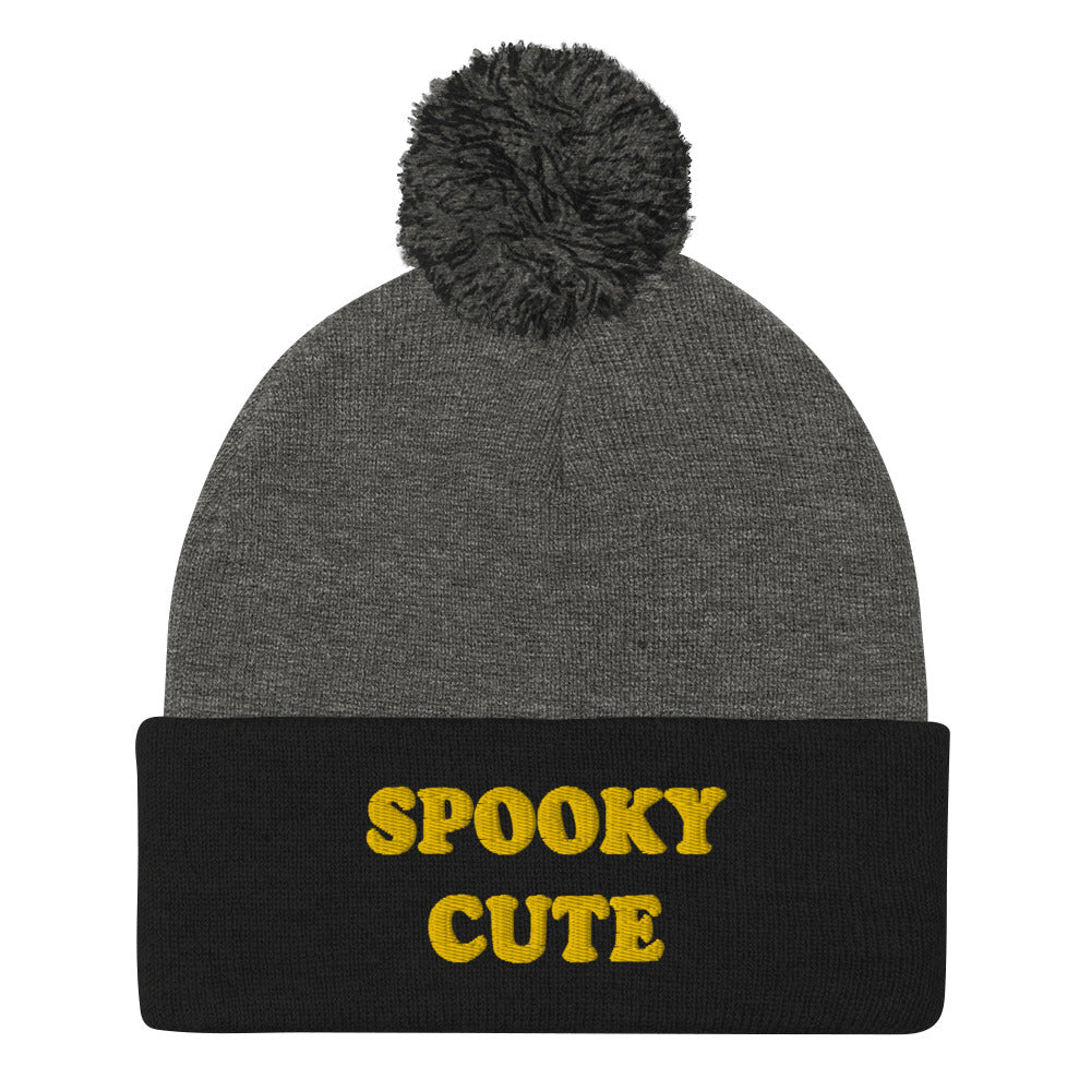 Gray and black spooky cute beanie hat with pom pom. A cute everyday accessory or the perfect spooky gift. - When it's spooky how cute you are. This cozy unique embroidered beanie has a classic winter style, with a pom pom on top and a spooky cute design. Keep warm and look cute while embracing your spooky side. Wear this unisex funny beanie for everyday streetwear or give it as a cute gift for spooky loving friends.