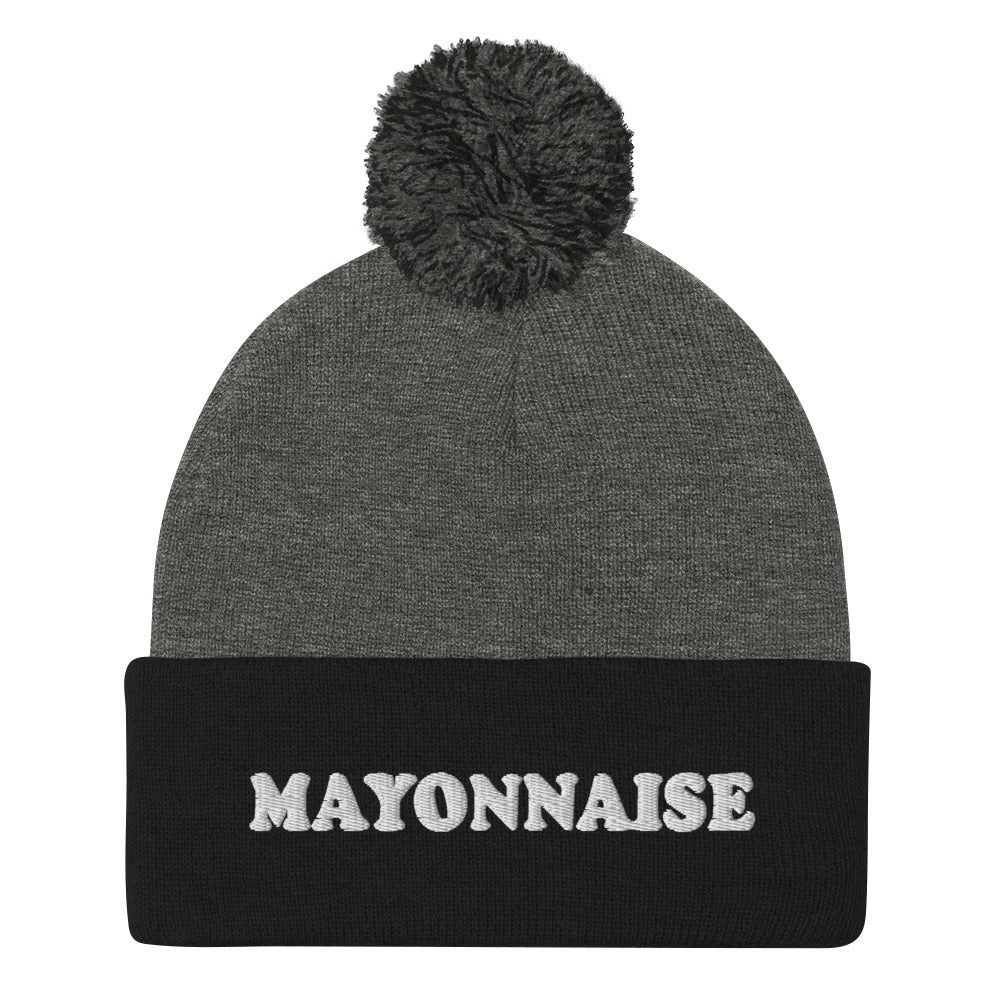 Black and gray beanie for mayo lover - weird gift for foodies - This funny mayonnaise beanie is a funky, warm and cozy hat for foodies.. It's a classic beanie with a pom pom on top and a unique foodie embroidery. The weird condiments hat is weird and a perfect gift for mayo lovers. Stay weird and celebrate your favorite condiments and foods in our unique foodie clothing and accessories. 