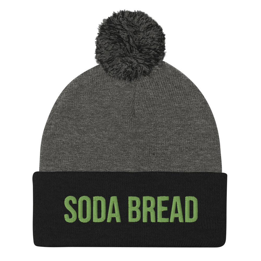 Funny foodie soda bread hat in black and gray with green embroidery - The Soda Bread Beanie is a unique food beanie that's perfect for everyday adventures, funny street wear and eating soda bread cozy at home. This weird food hat is a classic unisex embroidered beanie. Eat soda bread in style this year or give this funny foodie beanie as a gift to your favorite soda bread enthusiast. 