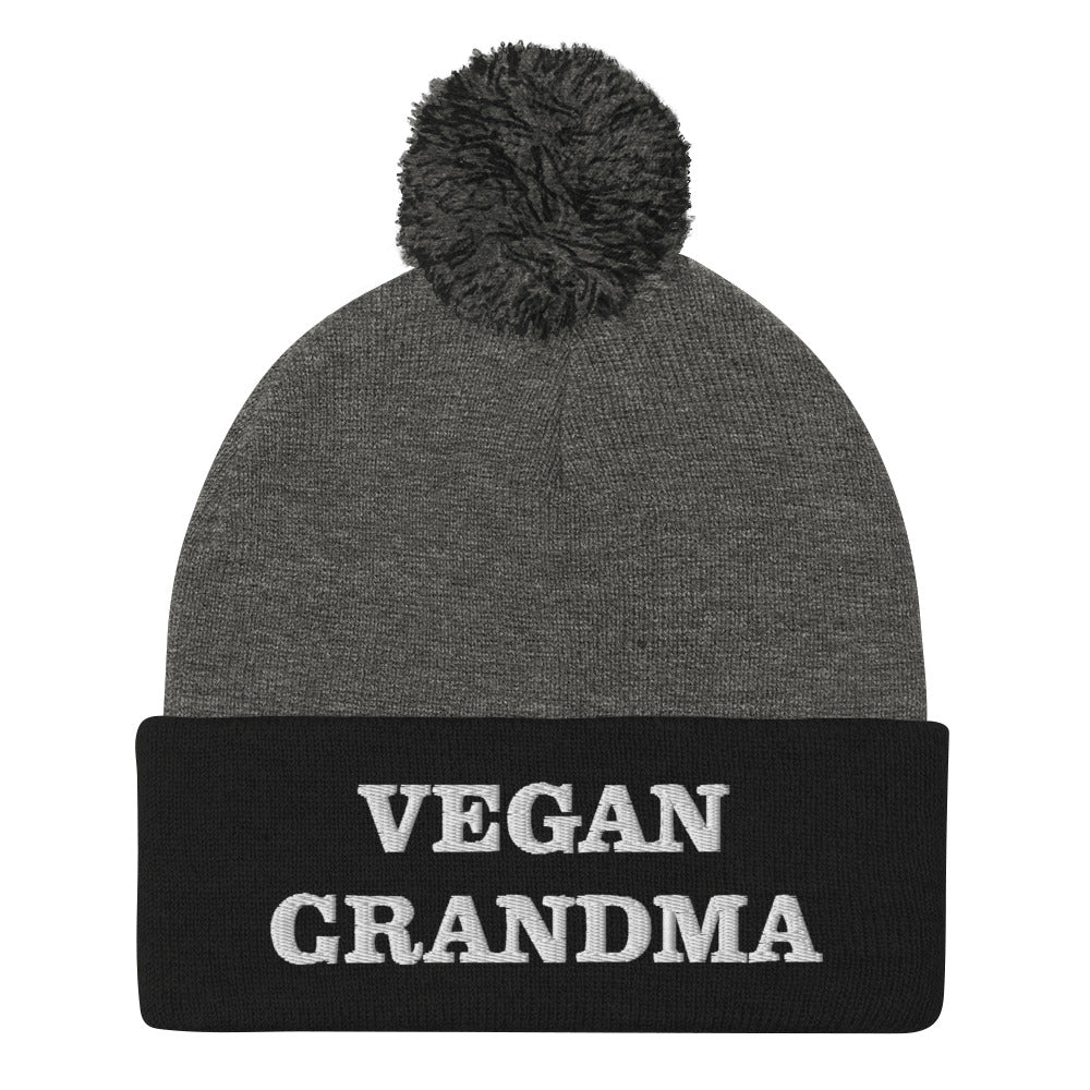 Black and gray vegan beanie hat - This Vegan Grandma Beanie is exactly what every vegan foodies needs. Wear it on everyday plant based adventures, as funny vegan street wear and or while eating your favorite vegan snacks cozy at home. Show off your plant-based pride with this Vegan Grandma Beanie or give it as a funny gift to your favorite veteran vegan.