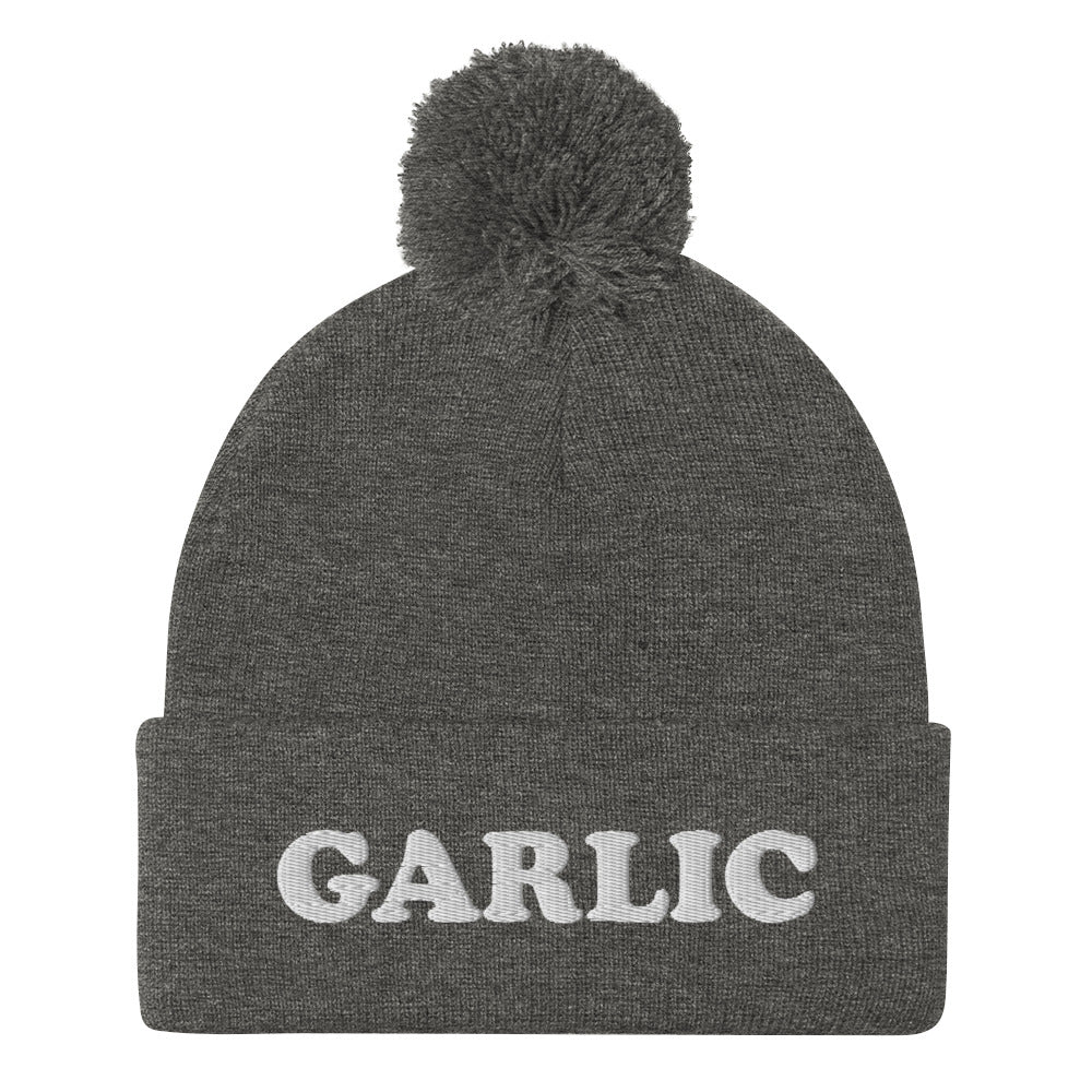 Garlic Addict Hat! This unusual beanie is cute, warm & cozy. The dark colored hat has white embroidery. Find more unusual hats, colors, designs, & funky foodie hats in our garlic hats collection! We have embroidered garlic head hats, garlic beanies, eat garlic dad hats and more. Perfect gifts for garlic lovers & foodies.