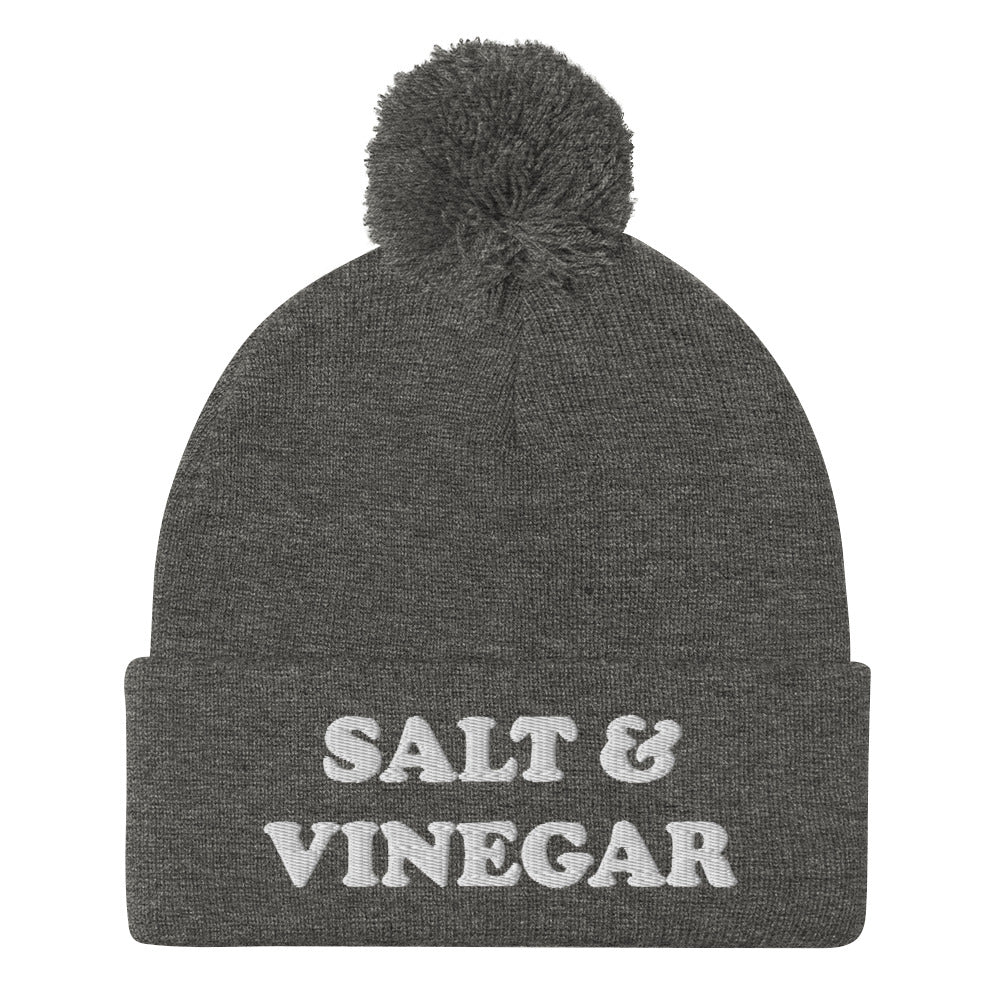 Embroidered Gray and white salt and vinegar beanie hat. Everyone knows salt & vinegar chips are the superior chips. Stay funky in this salt and vinegar beanie. It's a funny beanie for foodies and salt and vinegar enthusiasts. Celebrate your favorite flavor chips and wear this funny food hat or give it as a weird gift. This salt and vinegar beanie hat is exactly what you need.