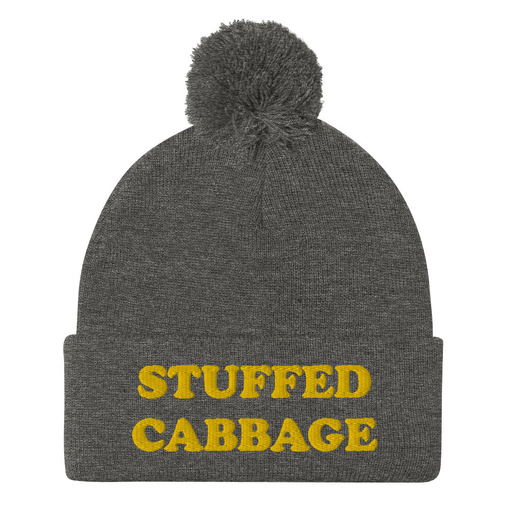 Gray funny food beanie - This stuffed cabbage beanie is funny, comfortable and just a little weird. This unique foodie beanie is a classic beanie with a pom pom on top and a funny yellow embroidery. It's exactly what every funky hat lover, foodie and stuffed cabbage enthusiast needs. Eat stuffed cabbage in a funny and weird food beanie.