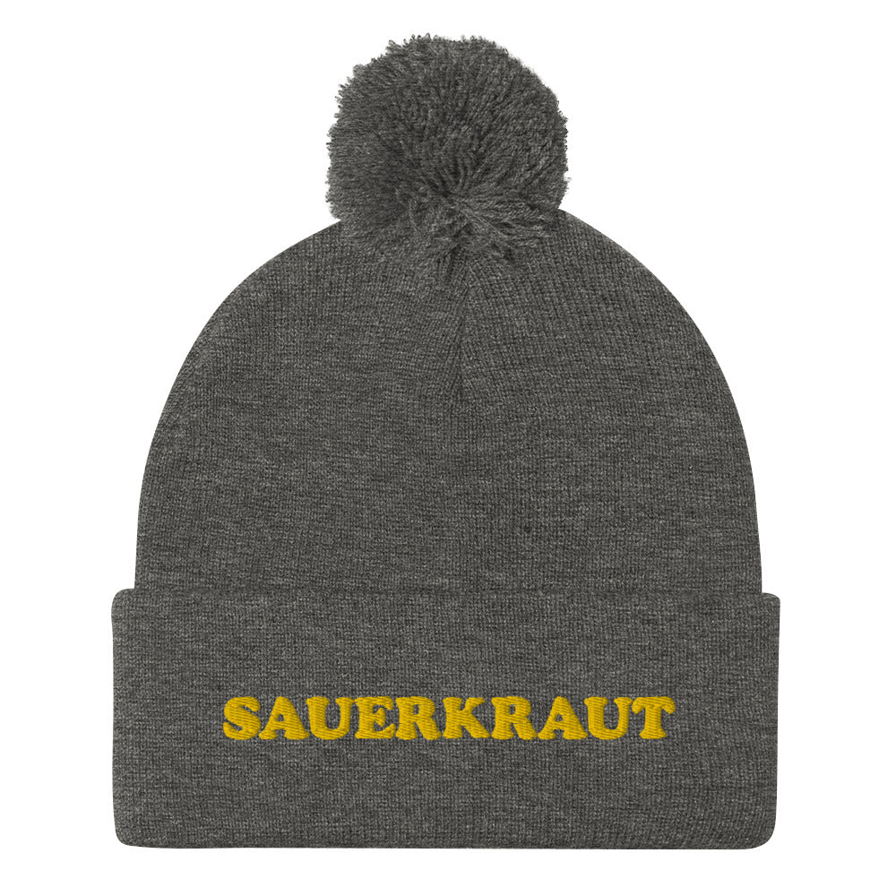 Gray and yellow sauerkraut beanie  - This sauerkraut beanie is a comfortable and funny hat for foodies. If you like weird beanies or you love sauerkraut, this funky food hat is just for you. Give it as a weird gift for foodies or sauerkraut enthusiasts. Stay funky in this classic funny food beanie with a pom pom on top a unique and funky yellow embroidery. 