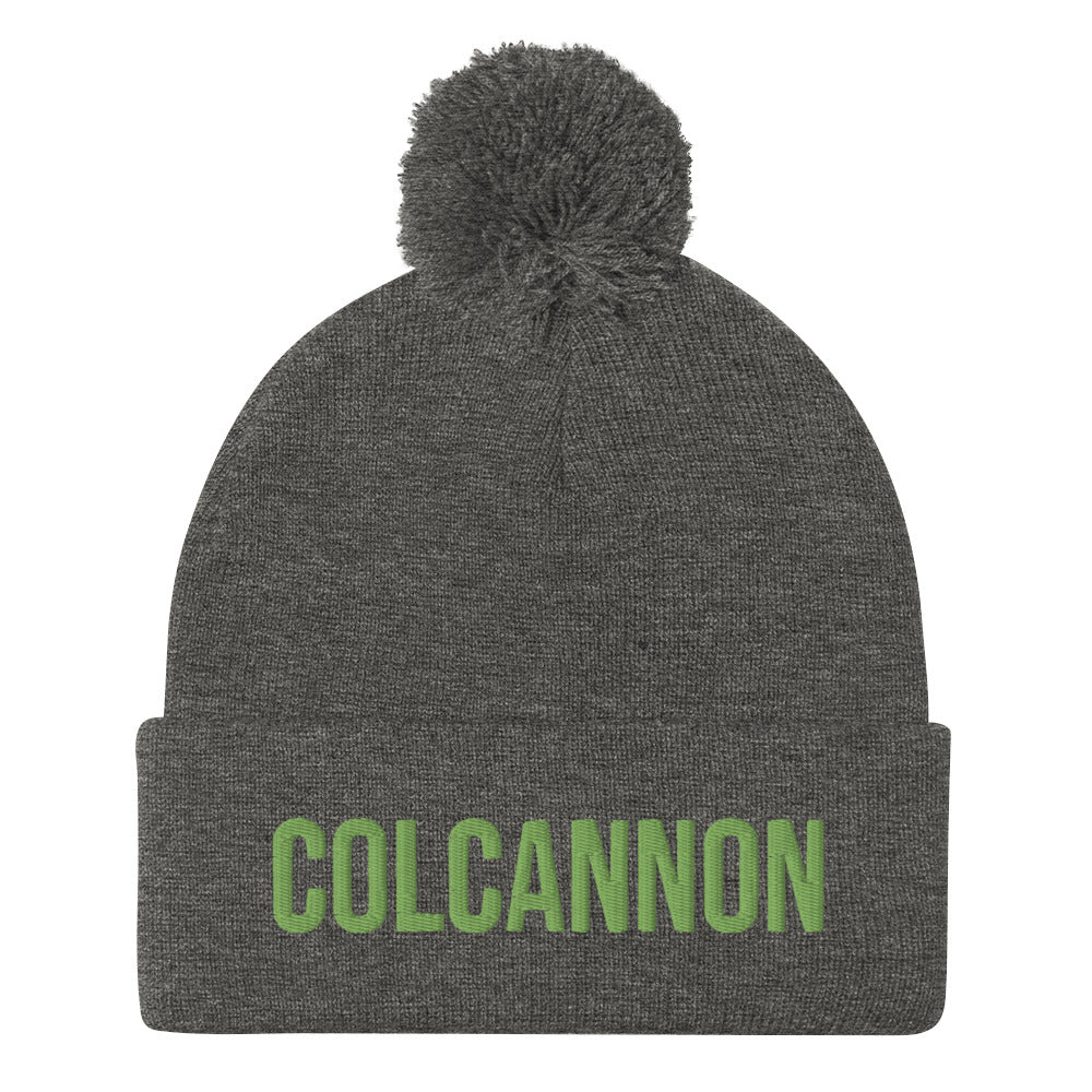 Gray pom pom Irish food beanie with green embroidery - The Colcannon Beanie is a unique food hat inspired by traditional Irish food. It's a perfect hat for adventures, making a statement on the street and being cozy at home. This weird hat is made just for you. Eat colcannon in style this year with your funny foodie beanie and show your love of traditional Irish cuisine.