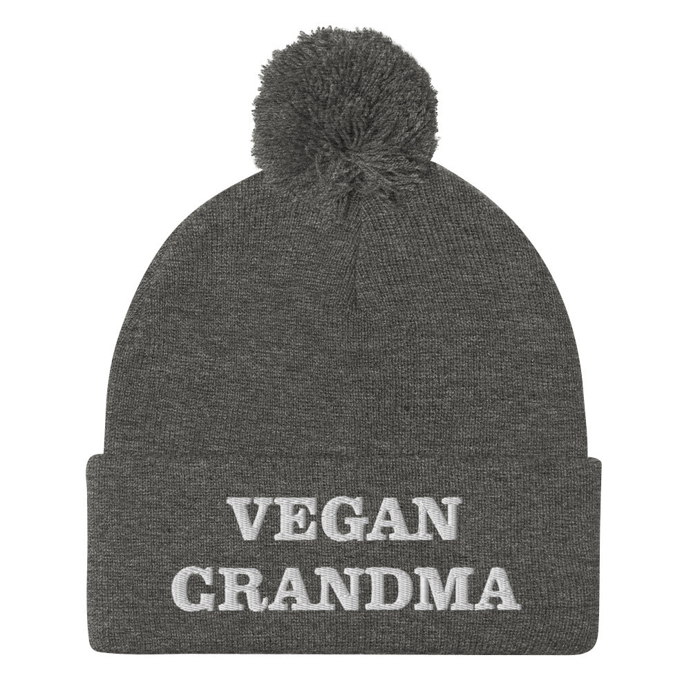 Gray funny vegan beanie for vegan grandmas - This Vegan Grandma Beanie is exactly what every vegan foodies needs. Wear it on everyday plant based adventures, as funny vegan street wear and or while eating your favorite vegan snacks cozy at home. Show off your plant-based pride with this Vegan Grandma Beanie or give it as a funny gift to your favorite veteran vegan.