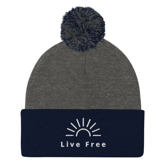 Live Free Sunset Pom-Pom Beanie / Live Free Hat / Freedom Winter Hat / Free Spirit Hat / Nature Lover Hat / New Hampshire Hat / Happy hat