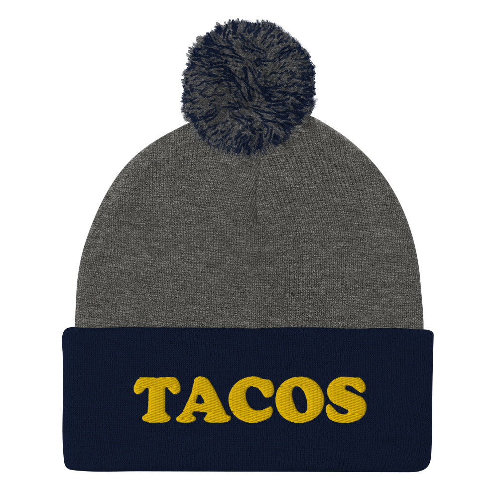 Funky taco beanie. This weird beanie is a perfect unique and quirky winter hat for foodies. It's a classic beanie with a unique food lover embroidery. This black beanie with yellow embroidery is funny, weird and perfect for people who love tacos. Shop funny foodie beanies, weird hats, funky animal tees and more.