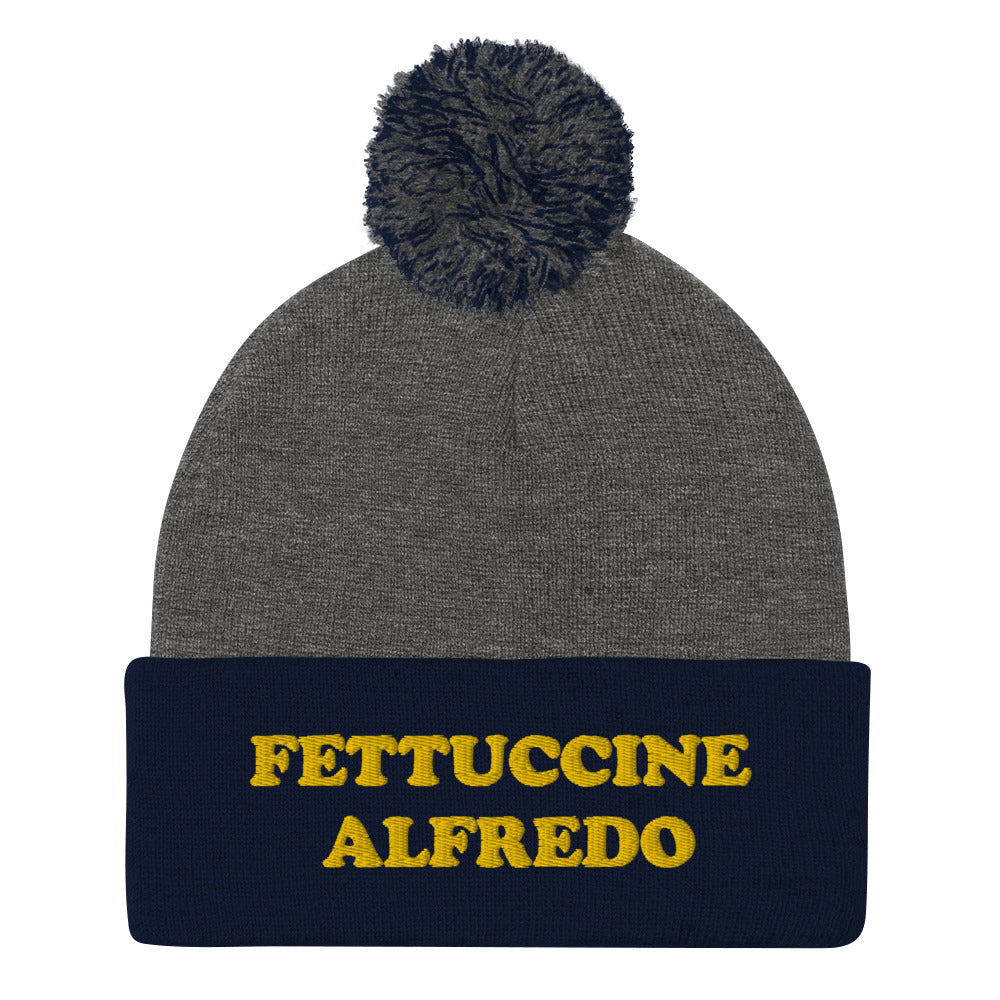 Gray and Navy ettuccine Alfredo Beanie from Nina's Funky Shop by ninanush - Do you love Fettuccine Alfredo? Looking for a funny foodie gift? This warm and cozy, embroidered pom pom beanie is just what you need. Show off in our classic beanie with "Fettuccine Alfredo" on the front. It's the perfect funny beanie for pasta lovers, fettuccine Alfredo enthusiasts and foodies of all kinds.