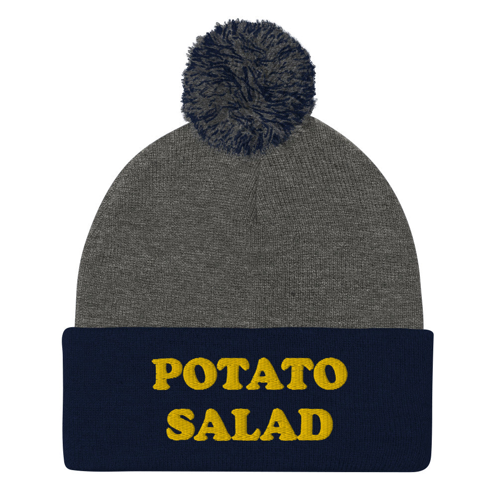 Navy and Gray Potato Salad Hat - Love potato salad? Looking for a funny gift for a foodie? Our Potato Salad Beanie is comfortable, cozy and expertly embroidered just for you. It's a classic beanie with a pom pom on top. Perfect for everyday streetwear for potato salad enthusiasts and foodies of all kinds.