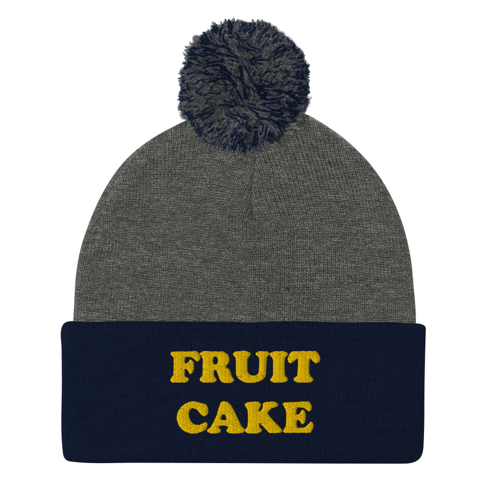 Do people like fruit cake? This weird beanie is a unique and quirky winter hat for holiday foodies and people who love fruit cake. It's a funny beanie with a unique yellow embroidery. The fruit cake weird holiday beanie is a perfect funny gift for foodies! Shop funny foodie beanies, weird hats, funky t-shirts and more.