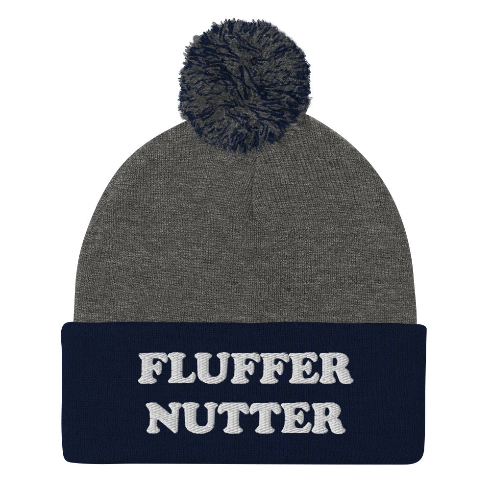 Gray and Navy fluffernutter beanie - Love fluffernutters? Looking for a funny gift for a New Englander? Our Fluffernutter Beanie is comfortable, warm and expertly embroidered just for you! It's a classic pom pom beanie, perfect for everyday streetwear for fluffernutter lovers and foodies of all kinds.