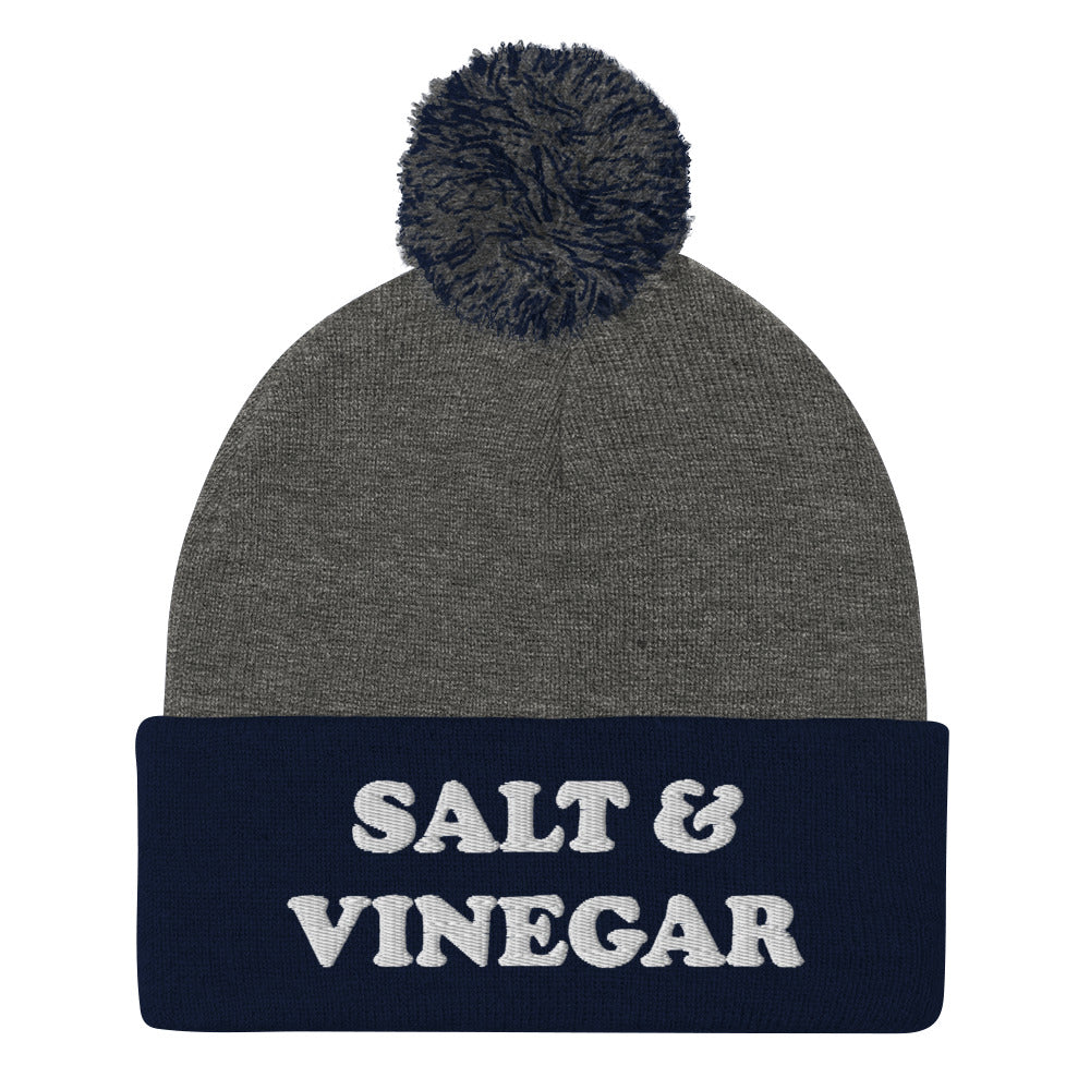 Gray and navy blue salt and vinegar beanie. Everyone knows salt & vinegar chips are the superior chips. Stay funky in this salt and vinegar beanie. It's a funny beanie for foodies and salt and vinegar enthusiasts. Celebrate your favorite flavor chips and wear this funny food hat or give it as a weird gift. This salt and vinegar beanie hat is exactly what you need.