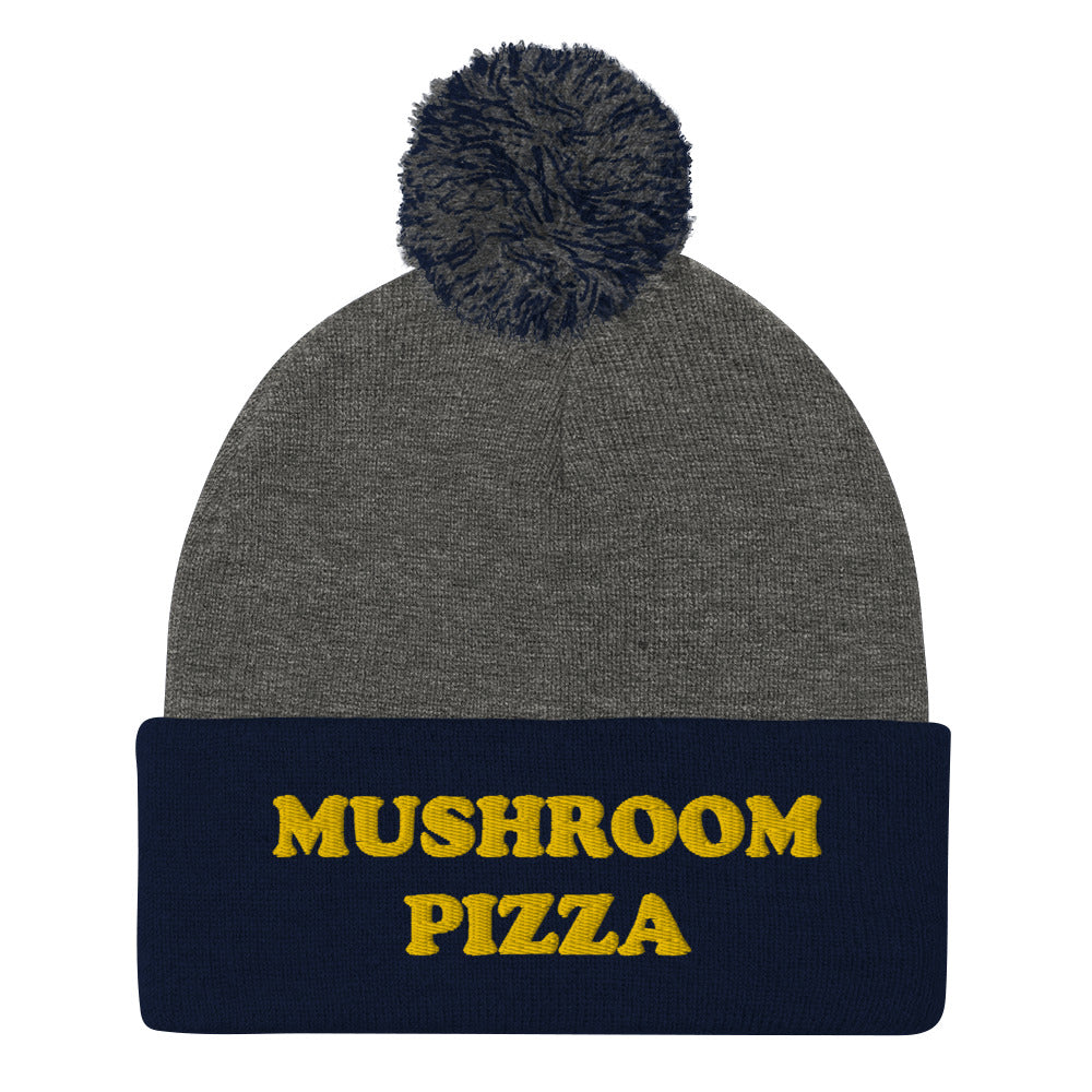 Navy and gray mushroom pizza beanie with pompom  - What do you put on your pizza? This mushroom pizza beanie is a perfect warm & cozy hat for cold weather. It's a classic beanie with a pom pom on top and a unique foodie embroidery. The mushroom pizza hat is a weird gift for foodies and a funny food hat for mushroom pizza lovers. Stay funky and show your love for pizza.