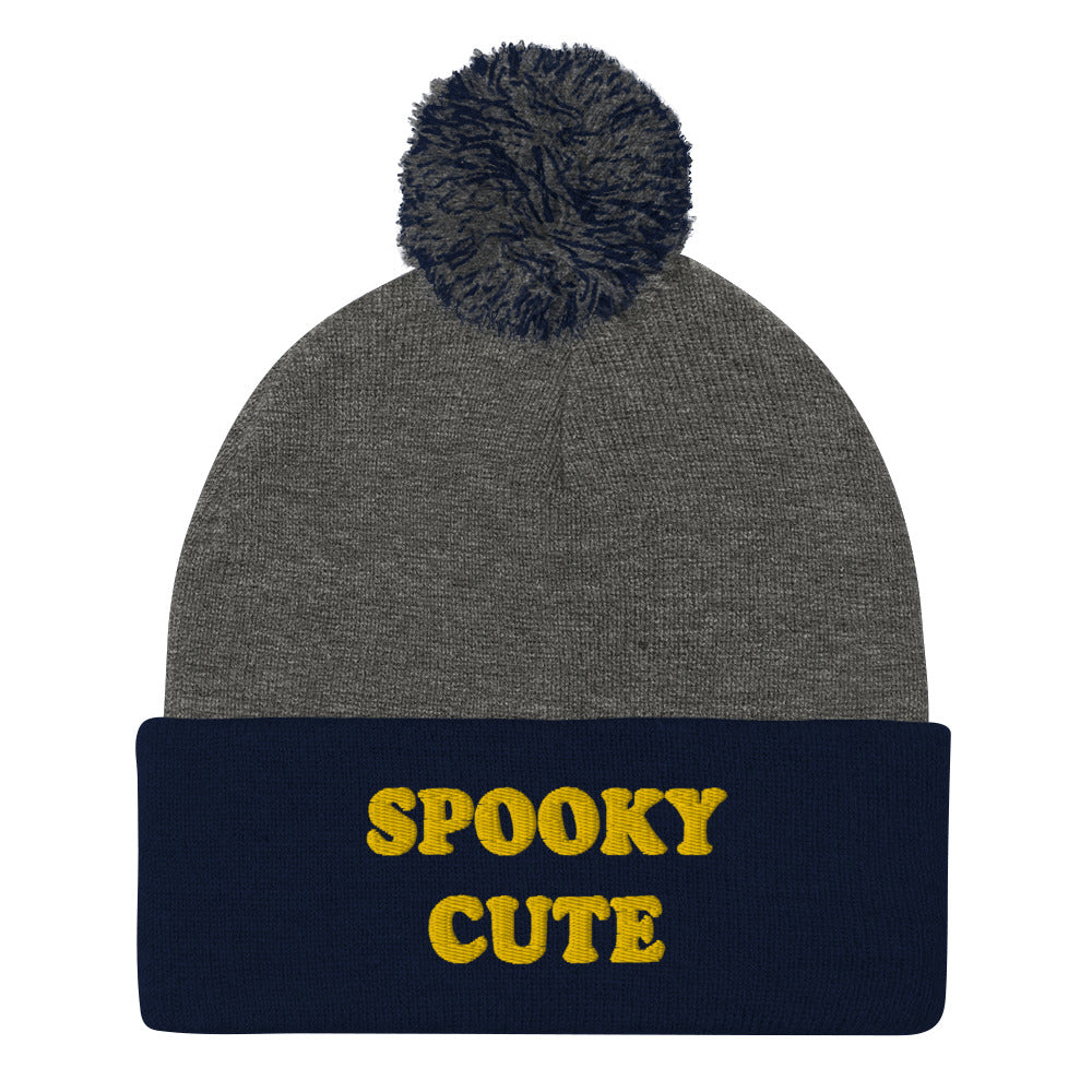 Gray and navy blue spooky cute beanie - embroidered unisex hat for spooky lovers - When it's spooky how cute you are. This cozy unique embroidered beanie has a classic winter style, with a pom pom on top and a spooky cute design. Keep warm and look cute while embracing your spooky side. Wear this unisex funny beanie for everyday streetwear or give it as a cute gift for spooky loving friends.