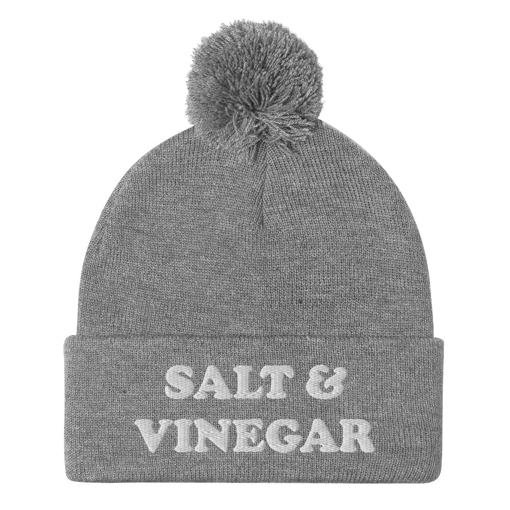 Light gray and white salt and vinegar beanie hat. Everyone knows salt & vinegar chips are the superior chips. Stay funky in this salt and vinegar beanie. It's a funny beanie for foodies and salt and vinegar enthusiasts. Celebrate your favorite flavor chips and wear this funny food hat or give it as a weird gift. This salt and vinegar beanie hat is exactly what you need.