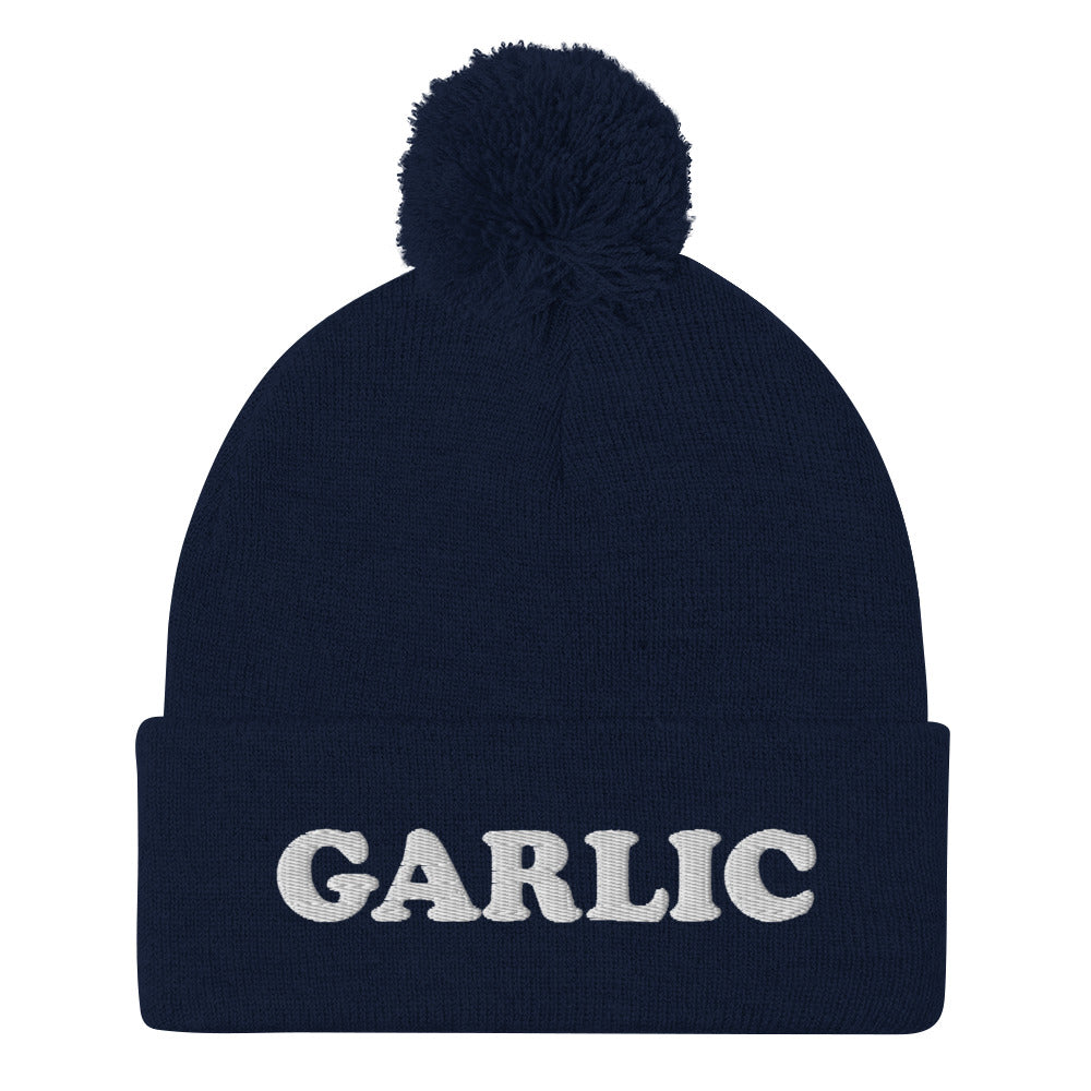 Garlic Addict Hat! This unusual beanie is cute, warm & cozy. The dark colored hat has white embroidery. Find more unusual hats, colors, designs, & funky foodie hats in our garlic hats collection! We have embroidered garlic head hats, garlic beanies, eat garlic dad hats and more. Perfect gifts for garlic lovers & foodies.