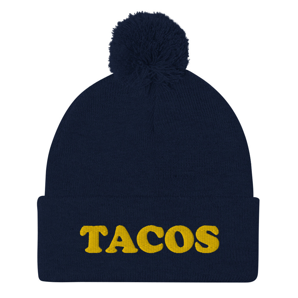 Funky taco beanie. This weird beanie is a perfect unique and quirky winter hat for foodies. It's a classic beanie with a unique food lover embroidery. This black beanie with yellow embroidery is funny, weird and perfect for people who love tacos. Shop funny foodie beanies, weird hats, funky animal tees and more.