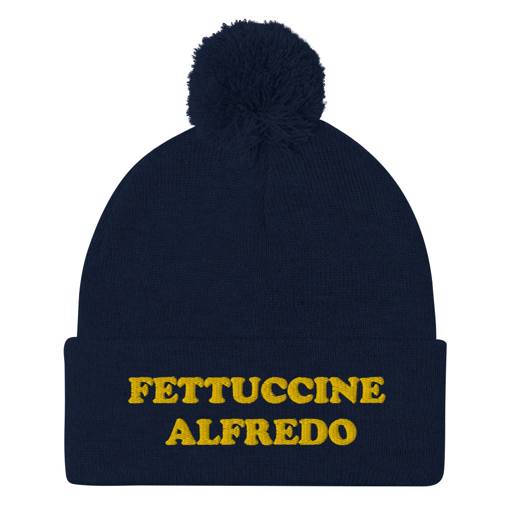 Navy ettuccine Alfredo Beanie from Nina's Funky Shop by ninanush - Do you love Fettuccine Alfredo? Looking for a funny foodie gift? This warm and cozy, embroidered pom pom beanie is just what you need. Show off in our classic beanie with "Fettuccine Alfredo" on the front. It's the perfect funny beanie for pasta lovers, fettuccine Alfredo enthusiasts and foodies of all kinds.