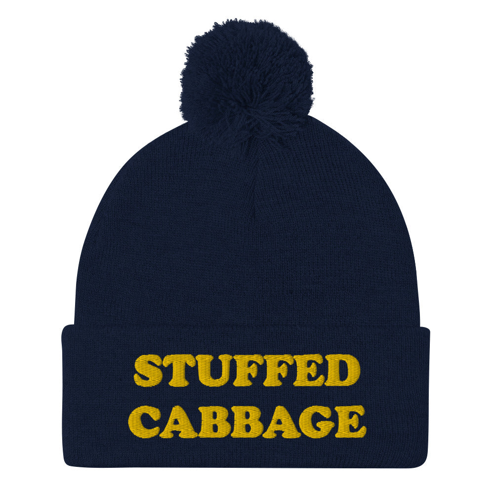 Navy blue stuffed cabbage weird beanie - This stuffed cabbage beanie is funny, comfortable and just a little weird. This unique foodie beanie is a classic beanie with a pom pom on top and a funny yellow embroidery. It's exactly what every funky hat lover, foodie and stuffed cabbage enthusiast needs. Eat stuffed cabbage in a funny and weird food beanie.