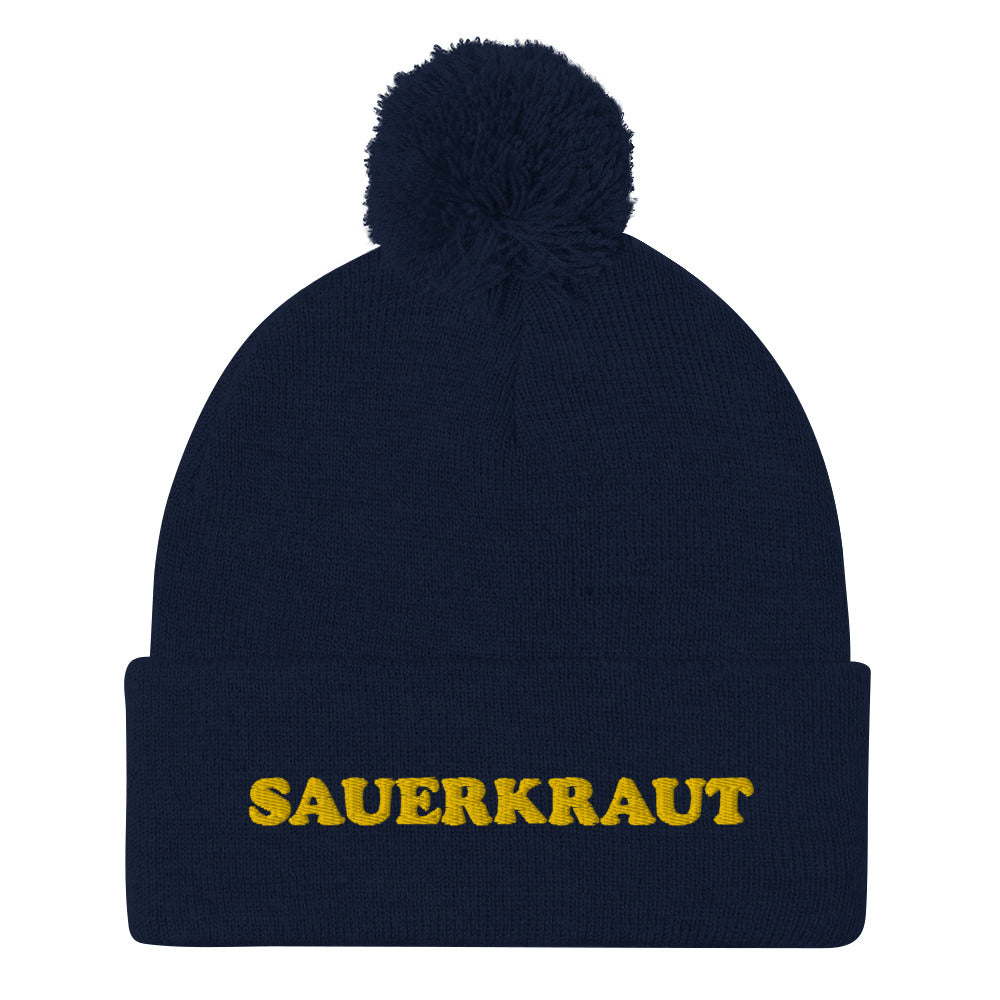 Navy blue beanie with yellow embroidery - This sauerkraut beanie is a comfortable and funny hat for foodies. If you like weird beanies or you love sauerkraut, this funky food hat is just for you. Give it as a weird gift for foodies or sauerkraut enthusiasts. Stay funky in this classic funny food beanie with a pom pom on top a unique and funky yellow embroidery. 