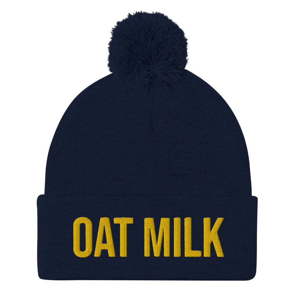 Funny navy blue oat milk beanie for dairy free milk drinkers - This oat milk beanie is a unique foodie beanie that's made just for you. Wear it on everyday diary free adventures or cozy at home with an oak milk cocoa. Stay weird and show off your dairy free pride or give this plant based milk beanie as a funny gift for a dairy free friend or a funny hat for the vegan in your life. 