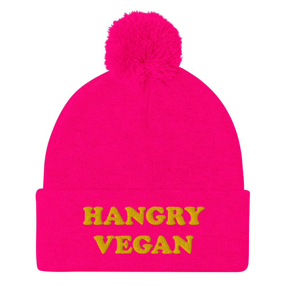 Are you a hangry vegan? This hangry vegan beanie is a unique vegan foodie beanie hat with a yellow embroidery. The hangry hat is a funny gift for vegans and plant based foodies. Shop funny animal lover beanies, foodie clothing, vegan graphic t-shirts, garlic hats and more. 