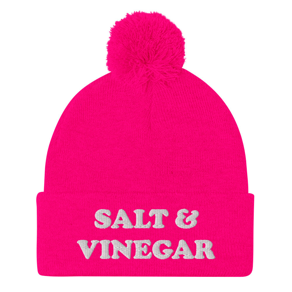 Hot pink salt and vinegar beanie hat. Everyone knows salt & vinegar chips are the superior chips. Stay funky in this salt and vinegar beanie. It's a funny beanie for foodies and salt and vinegar enthusiasts. Celebrate your favorite flavor chips and wear this funny food hat or give it as a weird gift. This salt and vinegar beanie hat is exactly what you need.