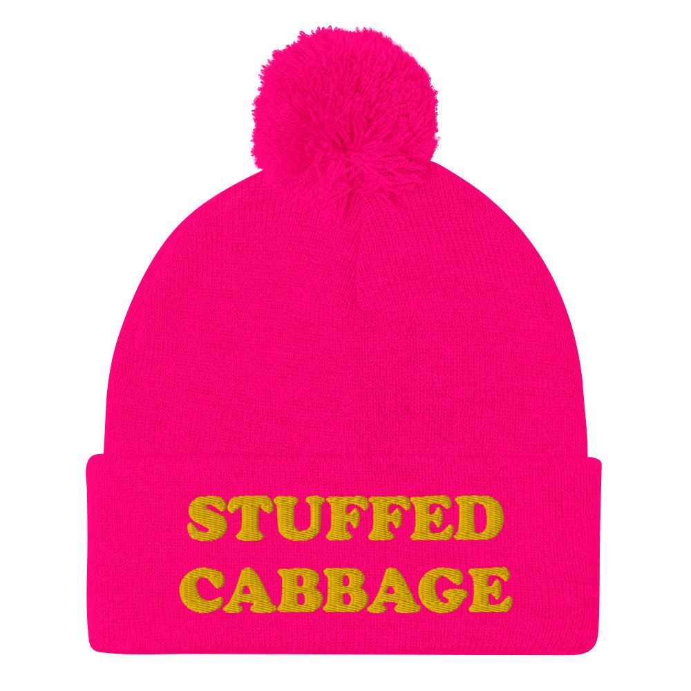 Hot pink foodie beanie - This stuffed cabbage beanie is funny, comfortable and just a little weird. This unique foodie beanie is a classic beanie with a pom pom on top and a funny yellow embroidery. It's exactly what every funky hat lover, foodie and stuffed cabbage enthusiast needs. Eat stuffed cabbage in a funny and weird food beanie.