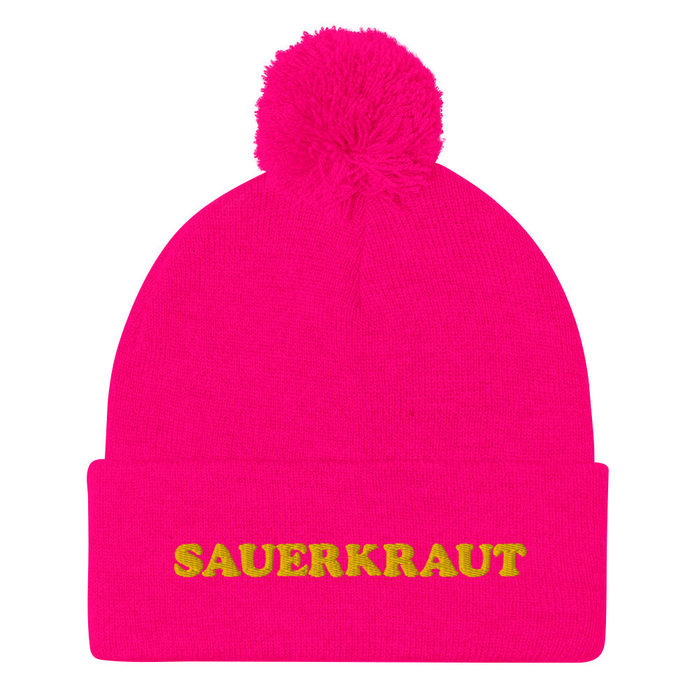 Hot pink and yellow sauerkraut beanie - This sauerkraut beanie is a comfortable and funny hat for foodies. If you like weird beanies or you love sauerkraut, this funky food hat is just for you. Give it as a weird gift for foodies or sauerkraut enthusiasts. Stay funky in this classic funny food beanie with a pom pom on top a unique and funky yellow embroidery. 