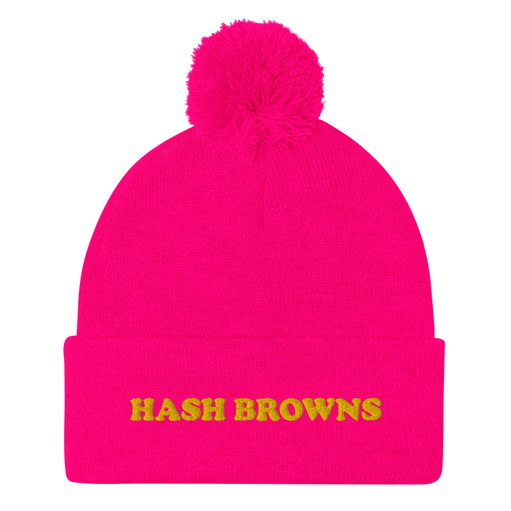 Hot pink beanie with pompom for Breakfast lovers -  Pink Hash brown beanie - Unique and cozy hash browns beanie. Eat your favorite hash browns for breakfast in this classic beanie with a pom pom on top. The funny food hat is warm, comfortable and perfect for everyday streetwear. This hash browns hat is a great weird gift for foodies or funny food beanie for hash brown and breakfast lovers. 