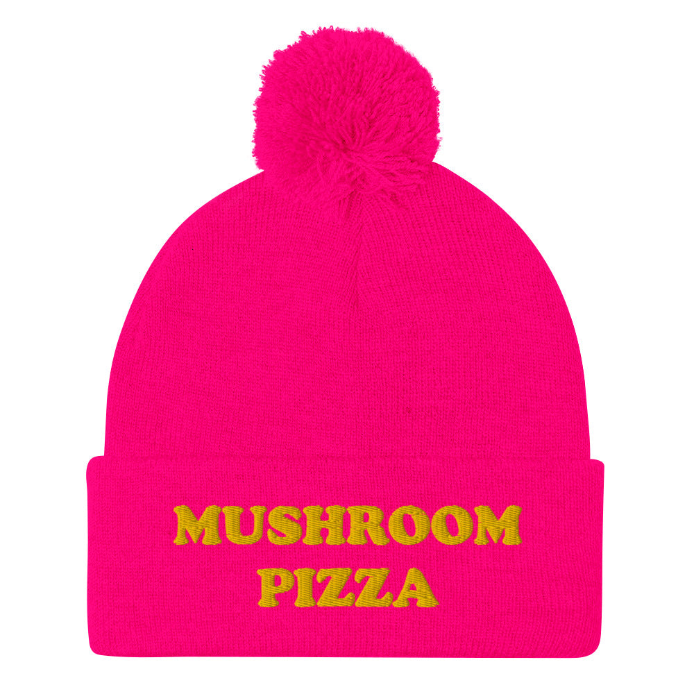 Hot pink mushroom pizza beanie with pompom - What do you put on your pizza? This mushroom pizza beanie is a perfect warm & cozy hat for cold weather. It's a classic beanie with a pom pom on top and a unique foodie embroidery. The mushroom pizza hat is a weird gift for foodies and a funny food hat for mushroom pizza lovers. Stay funky and show your love for pizza.