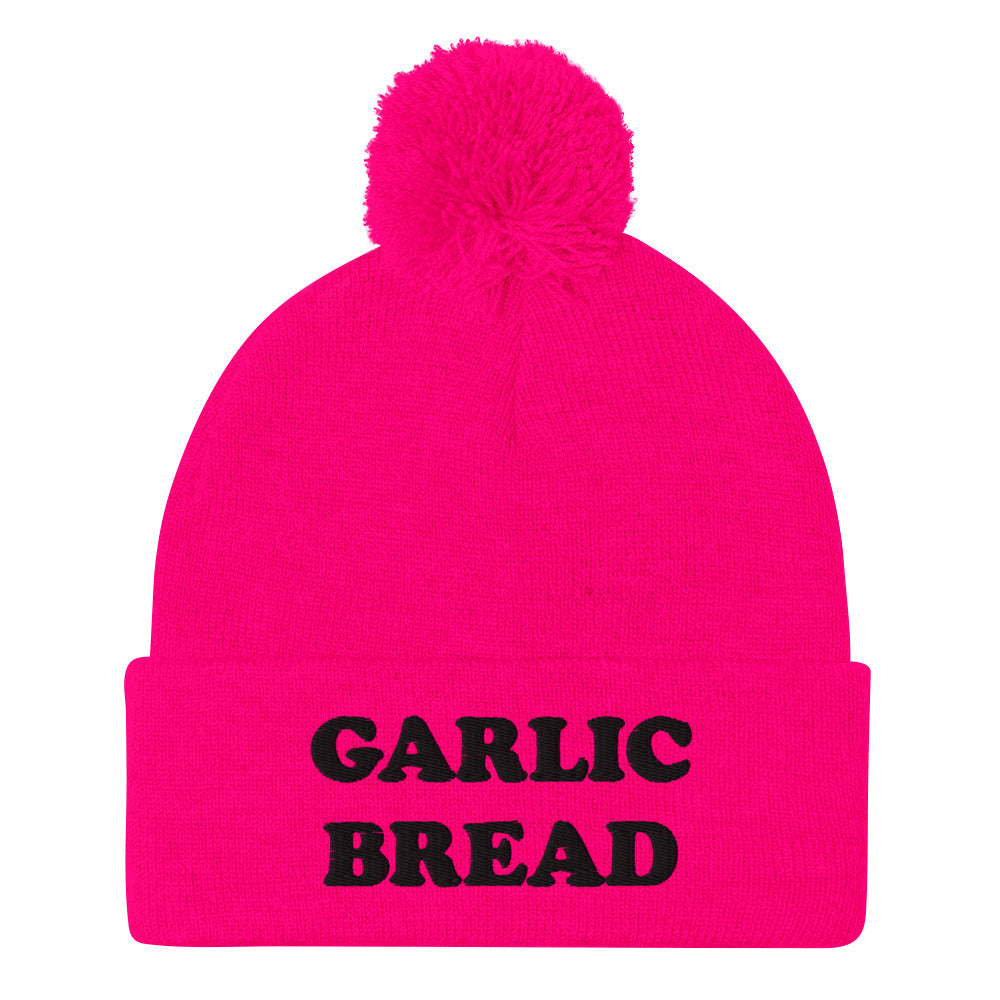 Hot pink and black garlic bread beanie hat - This garlic bread beanie is a perfect warm and cozy hat for cold weather. Everyone loves garlic bread and now you can eat it in a classic beanie with a pom pom on top. Stay funky in this weird hat for foodies and garlic bread enthusiasts. It's funny, unusual and sure to get attention from your garlic loving friends.