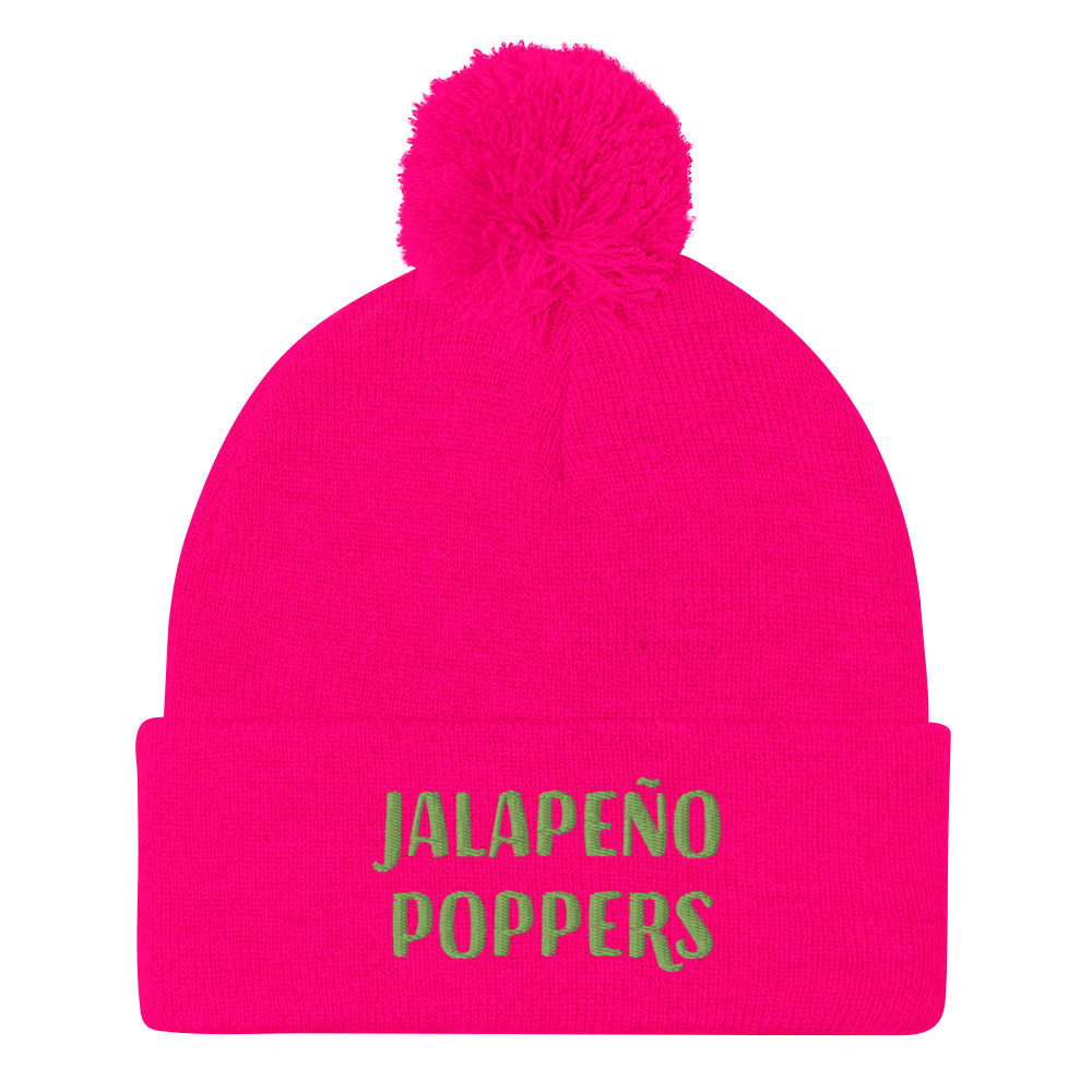 Hot pink jalapeno poppers beanie for spicy food lovers - Funky foodie Jalapeño poppers hat. Stay warm in style with this jalapeño popper lover beanie. It's a cozy and funny beanie for foodies with a classic pom pom on top. If you love jalapeño poppers, this embroidered hat was made just for you. It's a unisex beanie, offered in multiple colors with a unique embroidery.