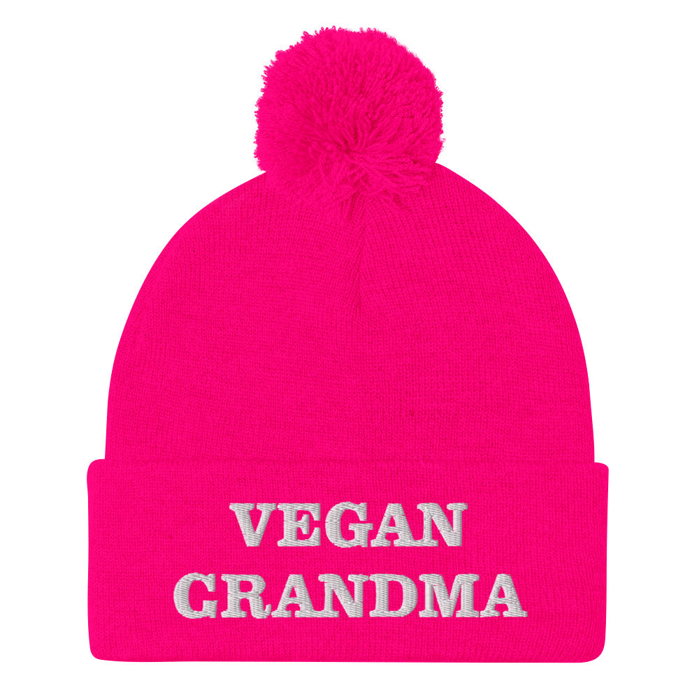 Hot pink beanie vegan grandma hat - This Vegan Grandma Beanie is exactly what every vegan foodies needs. Wear it on everyday plant based adventures, as funny vegan street wear and or while eating your favorite vegan snacks cozy at home. Show off your plant-based pride with this Vegan Grandma Beanie or give it as a funny gift to your favorite veteran vegan.